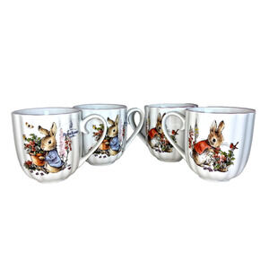 Peter Rabbit Pink Trim Ribbed Coffee Mugs Beatrix Potter Easter 16oz Set Of 4
